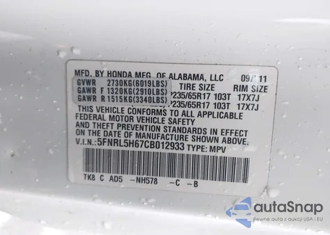 2012 Honda Odyssey Ex-L z USA, uszkodzony, nr VIN 5FNRL5H67CB012933